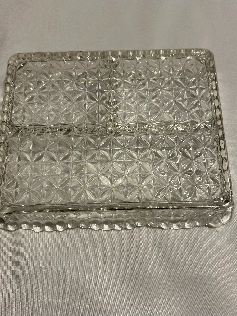 Vintage glass relish dish with with aluminum lid with fruit design